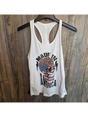 Made in America Women Tank Top Size Med White Leopard Print Skull USA Flag